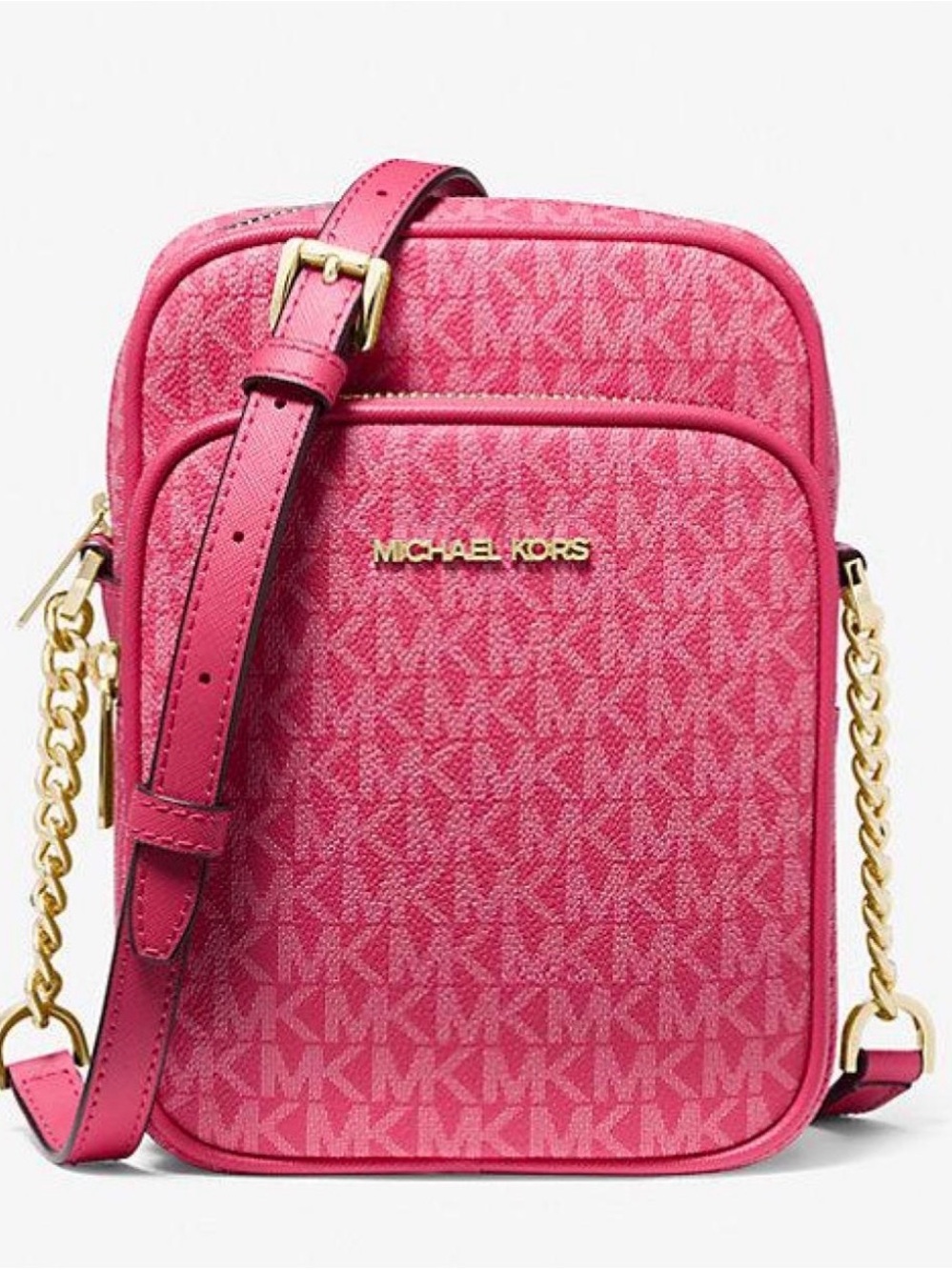 Michael Kors Hot Pink MK Monogram Crossbody with Gold Chain